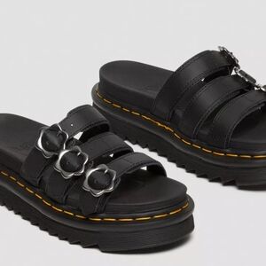Dr. Martens Blair Flower Buckle Leather Black Slide Sandals- Like New